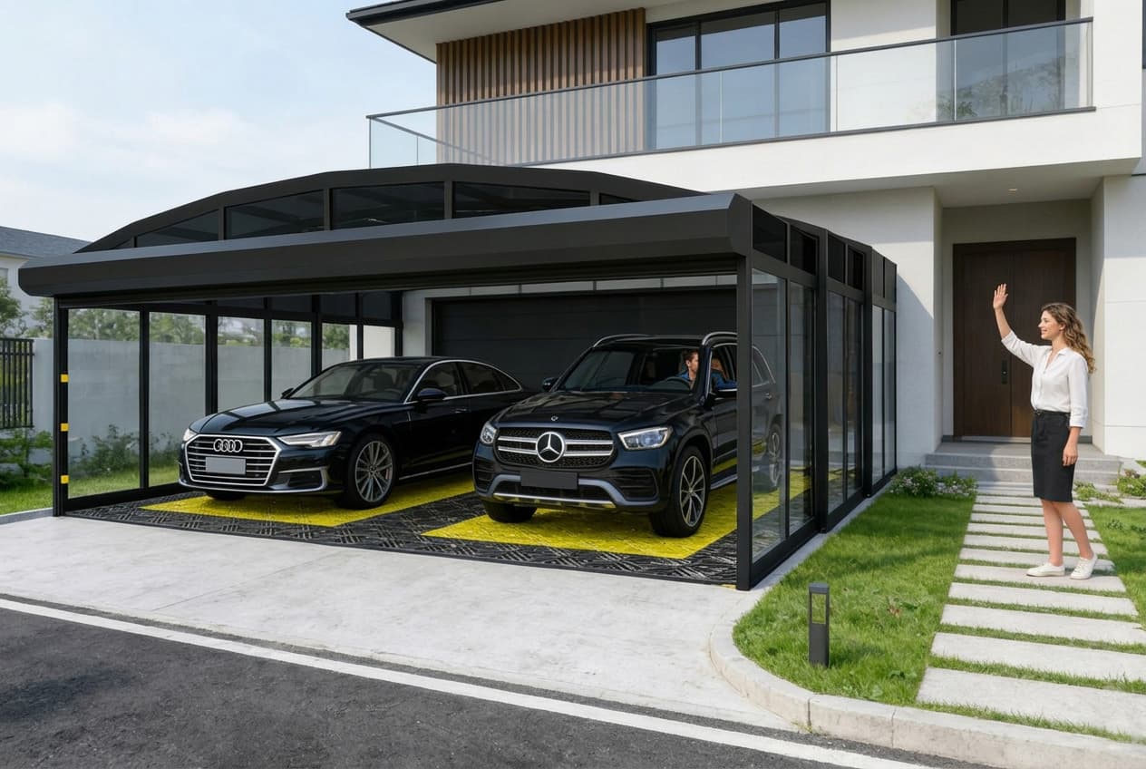 Carport DUO na dwa samochody - łukowy dach bez słupa pośrodku