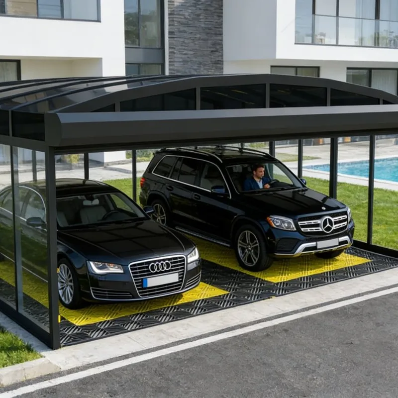 Carport przesuwny DUO z łukowym dachem i dwoma samochodami