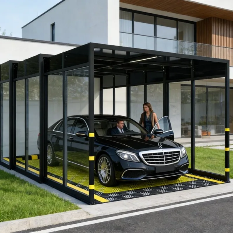 Carport przesuwny SOLO z samochodem przy nowoczesnym domu