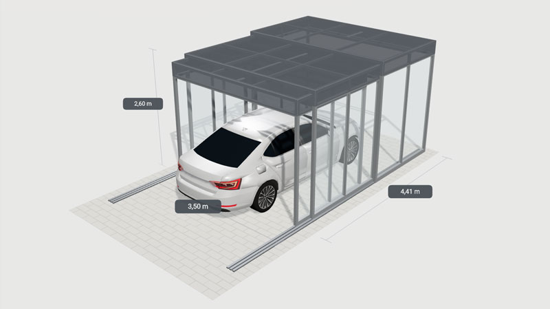 Moduły carportu przesuwnego w trakcie rozsuwania na szynach - widok 3D