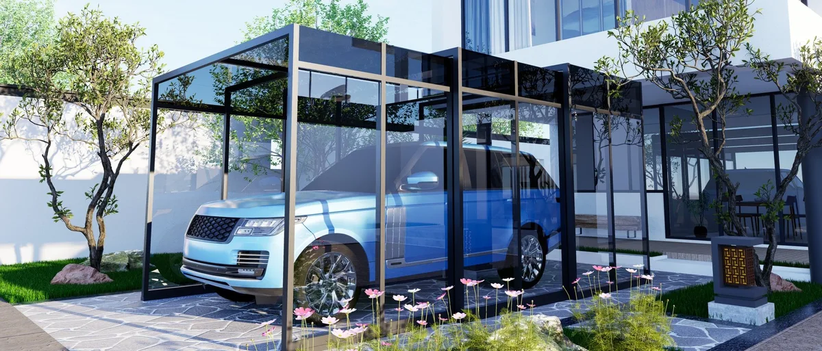 Carport przesuwny z aluminium i poliwęglanu na podjeździe przy domu