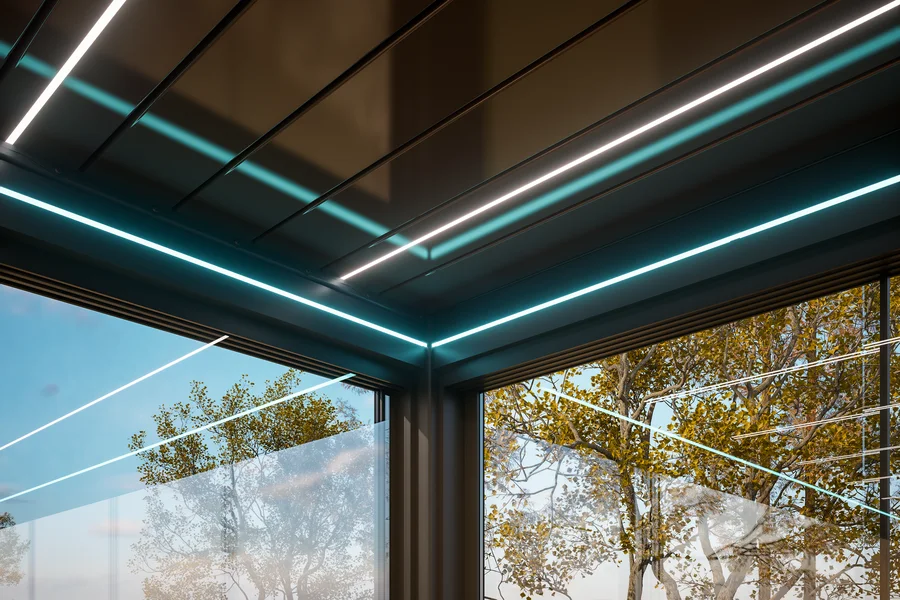Dach pergoli FLEX LUX z oświetleniem LED w lamelach i RGB w rynnie