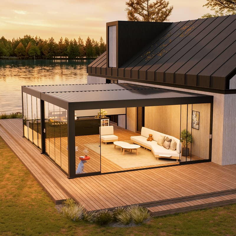 Pergola FLEX LUX nad tarasem przy basenie, zabudowana szklanymi drzwiami przesuwnymi