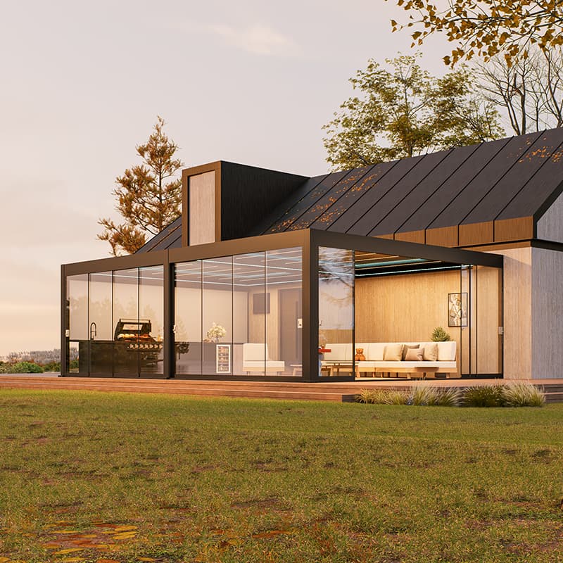 Pergola FLEX LUX przy domu nad jeziorem o zachodzie słońca, z przeszkleniem